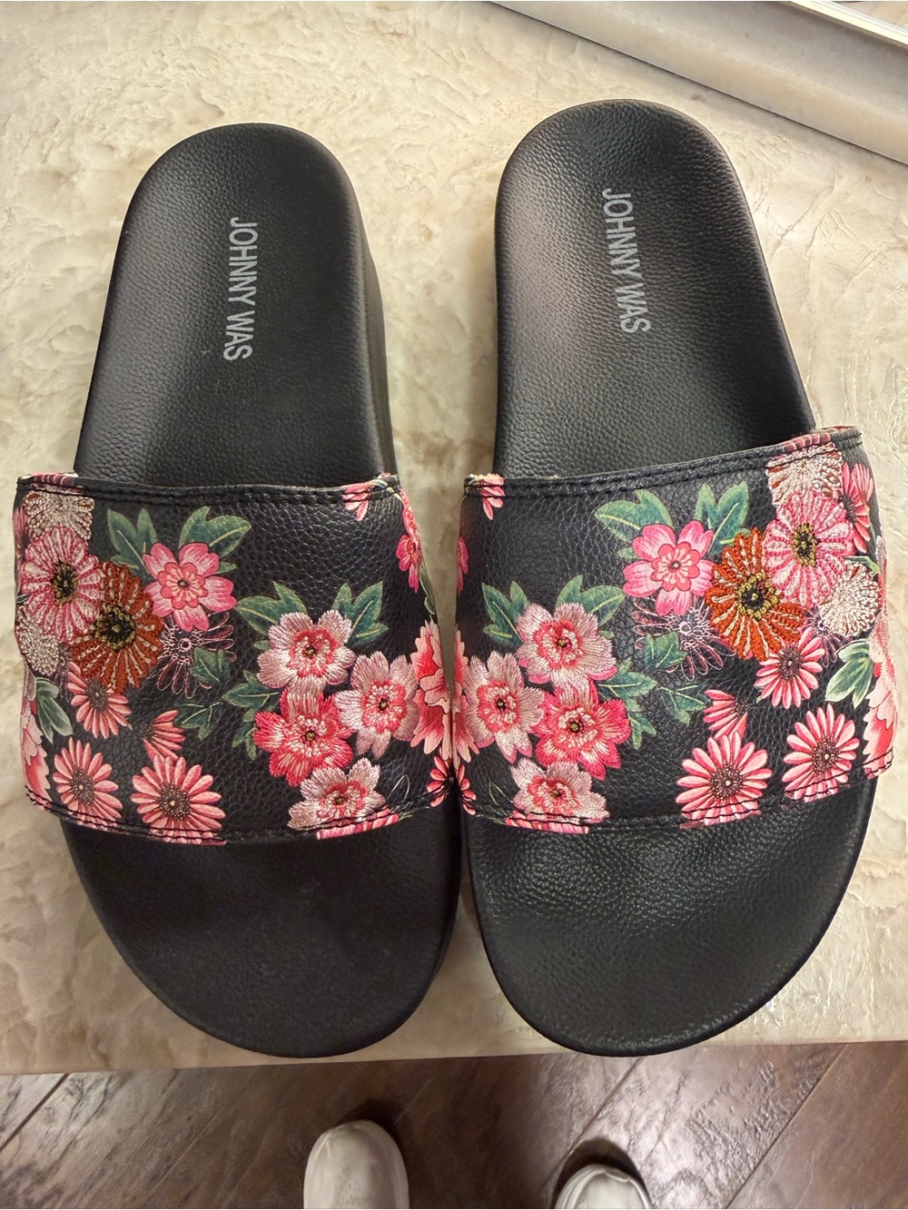 Johnny Was Black Slides with Pink Floral Embroidery